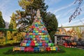 Pyramid of gifts in park at Christmas