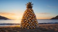 A pyramid of gold and red balls, in the shape of a large pineapple, stands on the sand on the beach