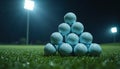 Pyramid of Golf Balls on Grass at Night Royalty Free Stock Photo
