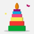 Pyramid icon. Childrens colorful plastic toy. Rainbow color stacking ring set. Triangle shape. Education card for kids