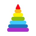 Pyramid icon. Childrens colorful plastic toy. Rainbow color stacking ring set. Triangle shape. Education card for kids. Isolated. Royalty Free Stock Photo