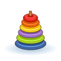 Pyramid icon. Childrens colorful plastic toy. Rainbow color stacking ring set. Triangle shape. Education card for kids