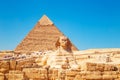 Pyramid of Khafre and the Great Sphinx. Great Egyptian pyramids Royalty Free Stock Photo