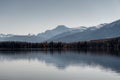 Pyramid lake with mountain range and clear sky reflection at Jasper national park Royalty Free Stock Photo