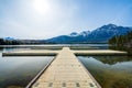 Pyramid Lake Resort canoe dock. Jasper National Park landscape. Canadian Rockies