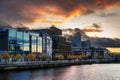 Pyramid like, architecture of One George Quay Plaza and other moder buildings, Dublin, Ireland