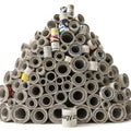 A pyramid-like structure made of tightly rolled newspapers stacked together. The rolls Royalty Free Stock Photo