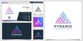 Pyramid logo with triangle line art technology style and business card design template Premium Vector Royalty Free Stock Photo