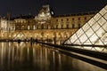 Louvre pyramid museum in Paris at night light, Musee du Louvre. Royalty Free Stock Photo