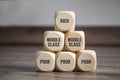 Pyramid made of cubes and dice with rich, middle class and poor on wooden background Royalty Free Stock Photo