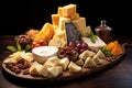 pyramid made of different types of cheese on a wooden board Royalty Free Stock Photo
