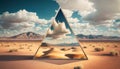 Pyramid made of stained tiffany glass in the desert. Generative ai