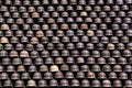 Pyramid made up of a large number of military helmets