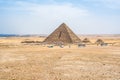 Pyramid of Menkaure. Pyramid of Menkaure and Pyramids of Queens, Cairo, Giza. Egyptian desert in Giza. Vacation holidays