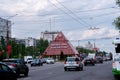The Pyramid monument and cars on the highway on Moskovsky Prospekt in Voronezh in summer