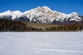 Pyramid Mountain and the frozen Patricia Lake in the Jasper National Park Alberta, Canada Royalty Free Stock Photo