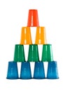 Pyramid from multi-coloured plastic glasses