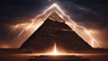 pyramid at night A cosmic dance of forces, where the pyramid and lightning are partners. The pyramid is brown and ancient