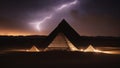 pyramid in the night A cosmic dance of forces, where the pyramid and lightning are partners. The pyramid is brown and ancient