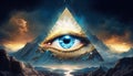 Pyramid with an open Third Eye in a magical landscape. Generative AI