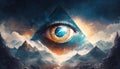 Pyramid with an open Third Eye in a magical mountain landscape. Generative AI