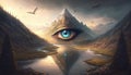Pyramid with an open Third Eye reflecting in water in a magical landscape. Psychic visions, lucid dreaming. Generative AI