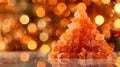 Pyramid of orange Himalayan salt crystals on sparkling background with warm bokeh, space for text. Royalty Free Stock Photo
