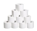 Pyramid pile rolls of toilet paper isolated on white