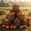 Pyramid of Pumpkins in Wooden Crates at Sunrise Royalty Free Stock Photo