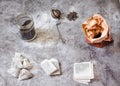 Pyramid and rectangle shaped tea bag mock up set on gray  background.  Or great black tea loose leaf. Eco-friendly alternatives Royalty Free Stock Photo