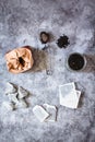 Pyramid and rectangle shaped tea bag mock up set on gray  background.  Or great black tea loose leaf. Eco-friendly alternatives Royalty Free Stock Photo