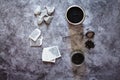 Pyramid and rectangle shaped tea bag mock up set on gray  background.  Or great black tea loose leaf. Eco-friendly alternatives Royalty Free Stock Photo