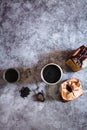 Pyramid and rectangle shaped tea bag mock up set on gray  background.  Or great black tea loose leaf. Eco-friendly alternatives Royalty Free Stock Photo