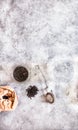 Pyramid and rectangle shaped tea bag mock up set on gray  background.  Or great black tea loose leaf. Eco-friendly alternatives Royalty Free Stock Photo