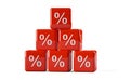 Pyramid of red cube or dice with percent sign symbol on white background, sale, discount or sales price reduction concept