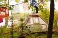 A pyramid-shaped greenhouse with a lake in the background in the district of Christiania, Copenhagen, Denmark