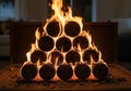 A pyramid-shaped stack of burning logs set aflame, with flames Royalty Free Stock Photo