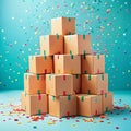 Stack of Cardboard Boxes Decorated with Colorful Tape Falling Confetti on Teal Background Royalty Free Stock Photo