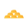 Pyramid from shiny gold bars. Six golden ingots. Financial symbol. Flat vector design for mobile game or poster
