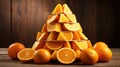 Pyramid of sliced oranges on wooden table, promoting natural, healthy eating. Fresh vitality, Ai Generated