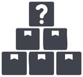 Pyramid stack of mysterious question mark box atop tagged packages representing unknown choices Royalty Free Stock Photo
