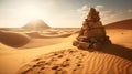 A pyramid stone in the Arid desert landscape with sand dunes, serene horizon, and sunny sky Royalty Free Stock Photo