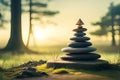 Pyramid stones balance on old mossy fallen tree. Stone pyramid in focus. Royalty Free Stock Photo