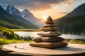 Pyramid stones balance on old mossy fallen tree. Stone pyramid in focus.