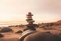 Pyramid stones balance on the sand of the beach. The object is in focus, the background is blurred. Neural network AI Royalty Free Stock Photo