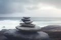 Pyramid stones balance on the sand of the beach. The object is in focus, the background is blurred. Neural network AI Royalty Free Stock Photo