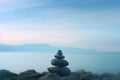 Pyramid stones balance on the sand of the beach. The object is in focus, the background is blurred. Neural network AI Royalty Free Stock Photo