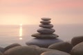 Pyramid stones balance on the sand of the beach. The object is in focus, the background is blurred. Neural network AI