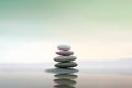 Pyramid stones balance on the sand of the beach. The object is in focus, the background is blurred. Neural network AI Royalty Free Stock Photo
