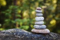 Pyramid stones balance on a tree trunk in the forest. Pyramid in focus, forest background is blurred Royalty Free Stock Photo